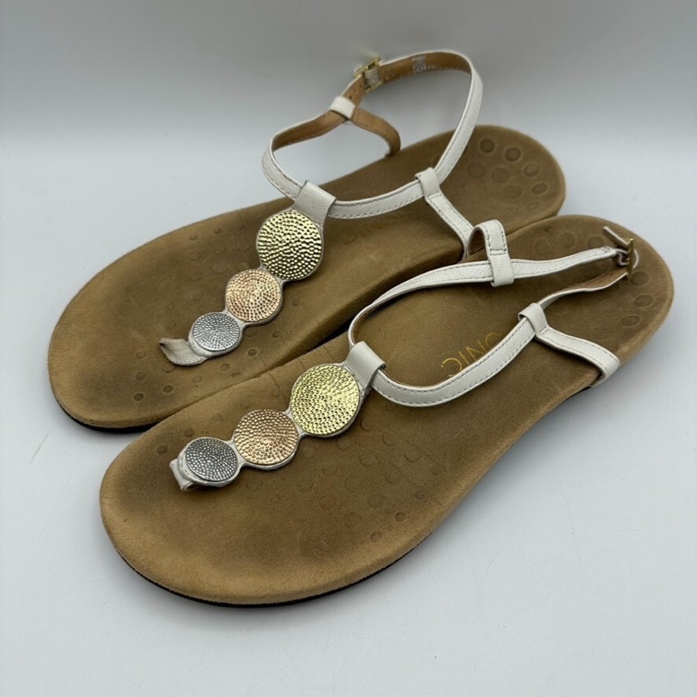 Vionic Lizbeth Sandals Women 10 White Metallic Coin T-Strap Orthotic 342LIZB